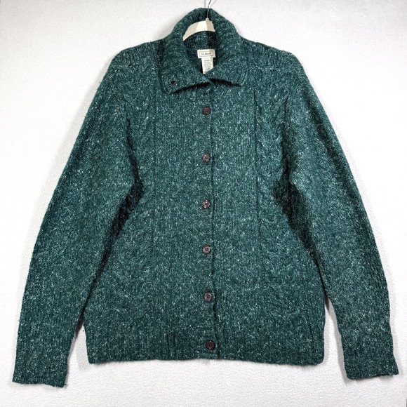 L.L. Bean Sweaters - LL Bean Sweater Women Large Wool Blend Cable Knit Cardigan Fisherman Chunky Marl